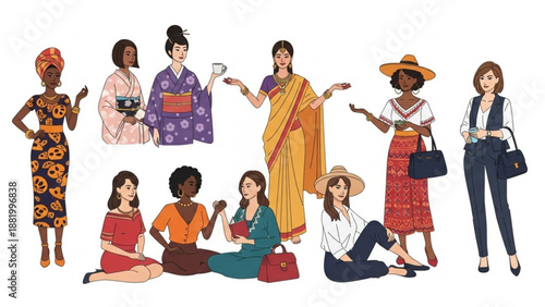 Diverse women in various cultural clothing and modern outfits sitting and standing