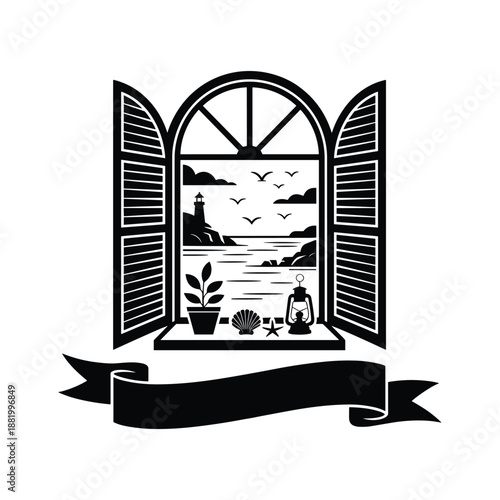 Scenic view of a tranquil seaside landscape framed by an open window with shutters and a decorative banner below Illustration