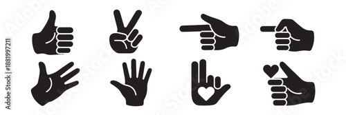 Black hand gesture icon collection showing diverse signals like thumbs up peace sign pointing finger and heart shapes for communication and counting isolated on transparent grid background art