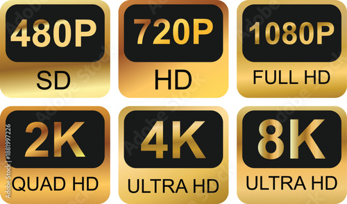 Video resolution badges showing SD HD Full HD 2K 4K and 8K