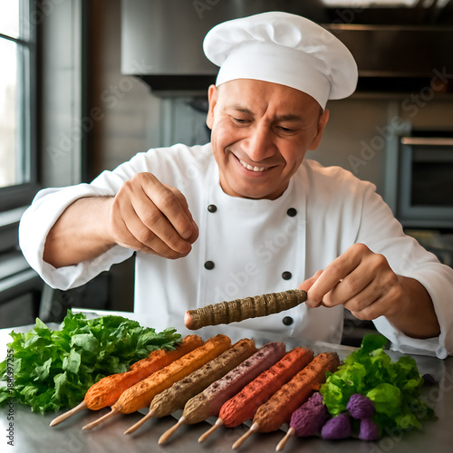 Smiling chef preparing colorful vegetable skewers in a modern kitchen
