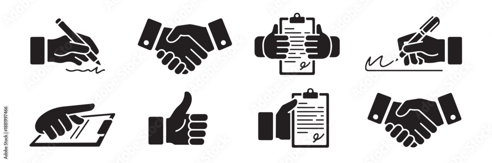 Fototapeta premium Collection of black silhouette icons representing business and finance on transparent background including handshake agreement signing document and thumbs up gesture icons