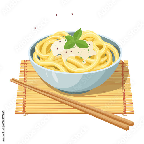 Bowl of warm asian noodle soup with herbs for healthy lunch and traditional restaurant food menu design - Vector Illustration