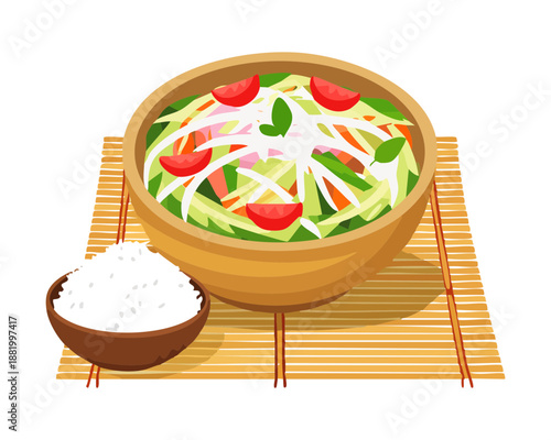 Fresh green papaya salad with white rice for traditional thai som tum and healthy asian meal - Vector Illustration