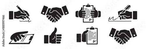 Collection of black silhouette icons representing business and finance on transparent background including handshake agreement signing document and thumbs up gesture icons
