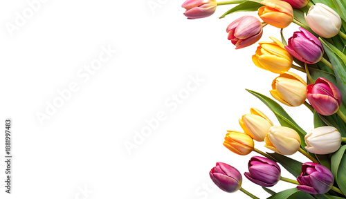 Fresh Colorful Tulip Bouquet on Transparent Background with Side Border Arrangement and Copy Space