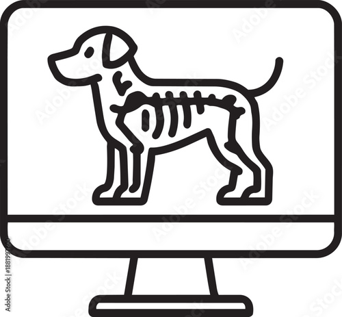 Dog skeleton X-ray monitor line icon for veterinary diagnostic and radiology exam
