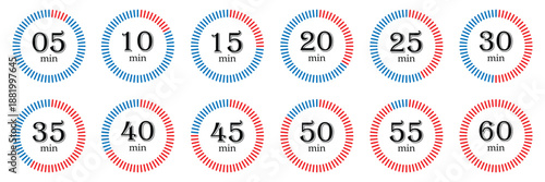 Collation of countdown minute timer clock. Timers with different times for web design. Creative minute countdown timer clock symbol. Vector illustration.