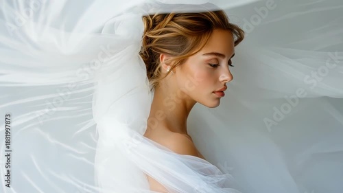 Ethereal movement of draped fabric around serene woman in dreamlike sequence