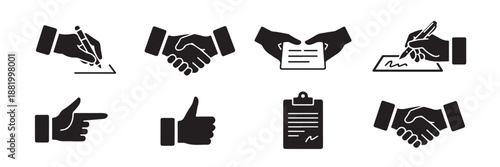 Group of black silhouette icons depicting business transactions contract signing handshake between partners and approval symbols on transparent background