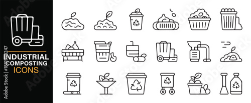 Compost processing and recycling outline icons for industry