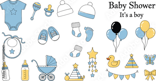 Baby shower celebration for newborn boy with cute blue baby items, balloons, toys, pacifier, stroller, and festive decorations