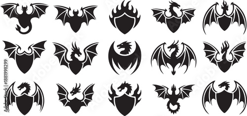 Tools Dragon Crest Wings great set collection, dragon tattoo designs silhouette vector illustration with white background.