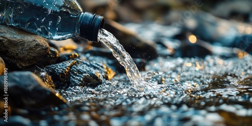Wallpaper Mural A clear plastic water bottle pouring water into a rocky stream, with rocks and water splashing around. Torontodigital.ca