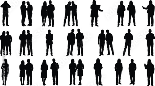 Black silhouette grid of 25 human figures in varied interactive poses representing social behavior and body language
