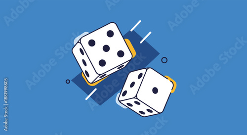 Two white dice with black spots rolling across a blue background representing gambling luck and games of chance for fun activity.