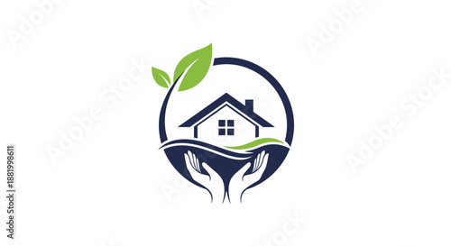 Comprehensive nature and home care logo featuring a house rooftop sprout wave and supporting hands in a circular navy frame.