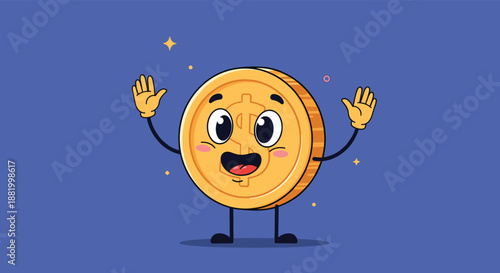 Cheerful cartoon gold coin character with a smiling face and arms raised in excitement against a blue background for finance.