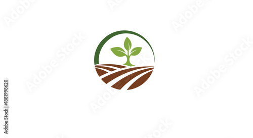 Agriculture and farming logo design with a green sprout growing from a brown plowed field within a circular frame for organic.