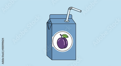 Blue plum juice carton illustration with a fresh plum fruit label and a white drinking straw on a light blue background for kids.