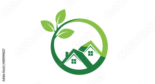 Green housing logo design with stylized house silhouettes and a large green branch with leaves inside a circle for real estate.