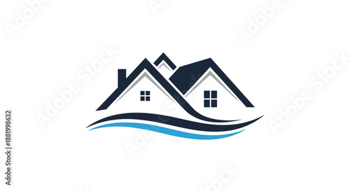Real estate logo design featuring house silhouettes with windows and abstract blue wave elements representing property development.