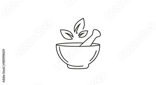 Simple line art drawing of a medicinal mortar and pestle with floating leaves for natural remedies and health pharmacy concepts.