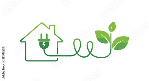 Renewable energy for homes concept with a house outline connected by a leafy green vine and electrical plug for sustainability.