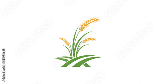 Agricultural logo template showing stylized wheat stalks and green leaves emerging from curved fields on a white background.