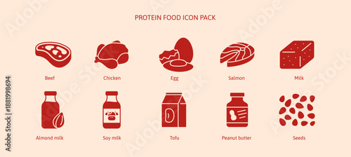 Protein nutrition raw food icon set including meat chicken beef egg salmon fish almond milk tofu peanut butter for muscle healthy boost. Protein and vitamin D from clean food simple glyph solid icons.