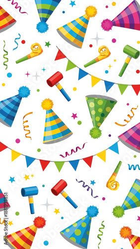 Vibrant party celebration elements with colorful hats and noisemakers