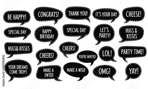 Photo Booth Prop Speech Bubble Set. Black and White Chalkboard Style Chat Clouds with Party Phrases like Happy Birthday, Congrats, and Cheers. Vector Illustration.