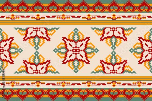 Seamless geometric pattern . pixel pattern. Design for clothing fabric textile ornamentation embroidery Hand stitched pattern . cultural stitching pixel art , Cross stitch pattern