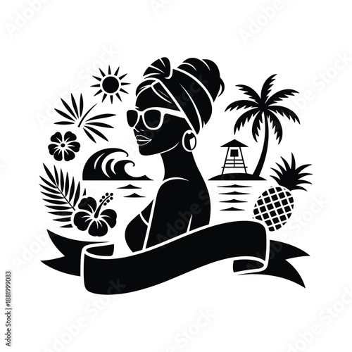 Stylized Silhouette of a Woman Wearing a Turban and Sunglasses with Tropical Beach Elements and a Ribbon Banner Illustration