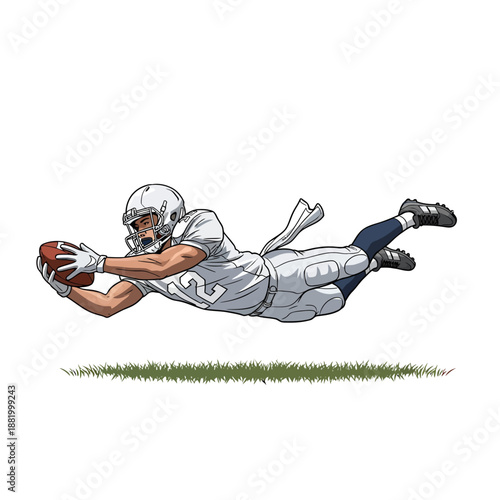 American football player diving to catch ball in mid air on field