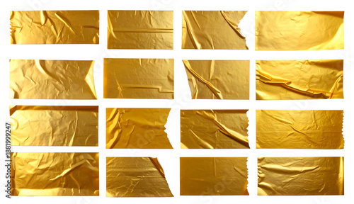 Set of Golden Foil Texture Strips Isolated on White Background – Crumpled Gold Paper Pieces for Luxury Design and Digital Scrapbooking, PNG