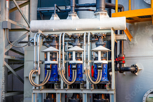 Pumps and piping in water treatment facilities,Pump station for reverse osmosis industrial city water treatment station. 