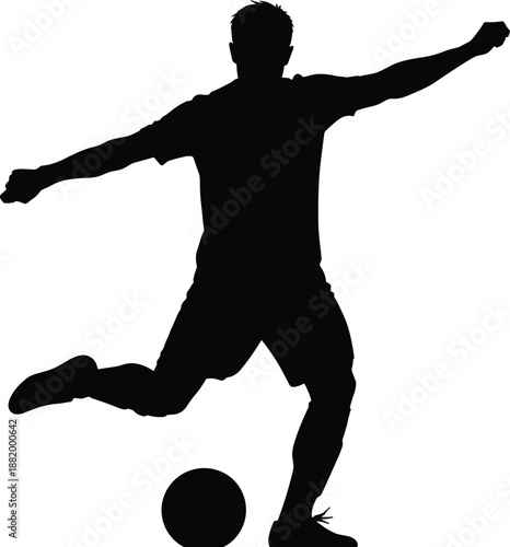 Black silhouette of soccer player in dynamic kicking pose with extended leg and arms, ball positioned near foot