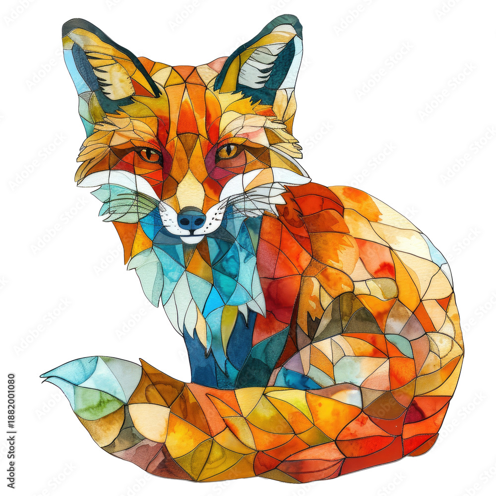 Fototapeta premium Colorful geometric fox design with transparent background featuring bright orange and blue hues in an artistic composition