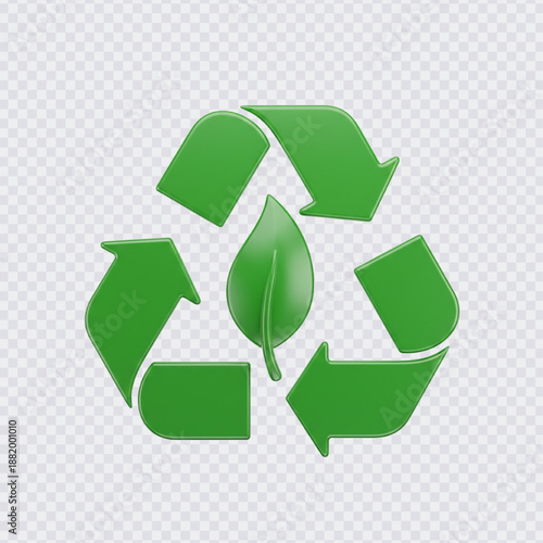A 3D green recycling symbol with a leaf in the center, representing environmental protection, sustainability, and ecological responsibility.