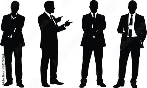 Black silhouette set of 4 business professionals in suits with varied gestures including crossed arms, speaking, and holding cup