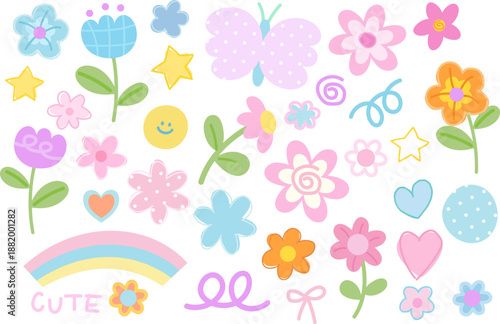 Pastel blossom illustrations such as flowers, butterfly, timber wood, rainbow, stars, doodles for spring, summer, picnic, stickers, icon, floral print, camping, nature, garden, insect, plants, tree