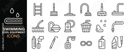Pool cleaning and water equipment outline icon set
