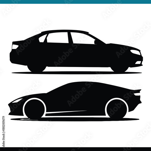 Car Silhouette Side View Icon Set in Black Flat Design