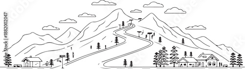 Minimal Mountain Landscape with Hills Trees and Clouds Line Art Illustration