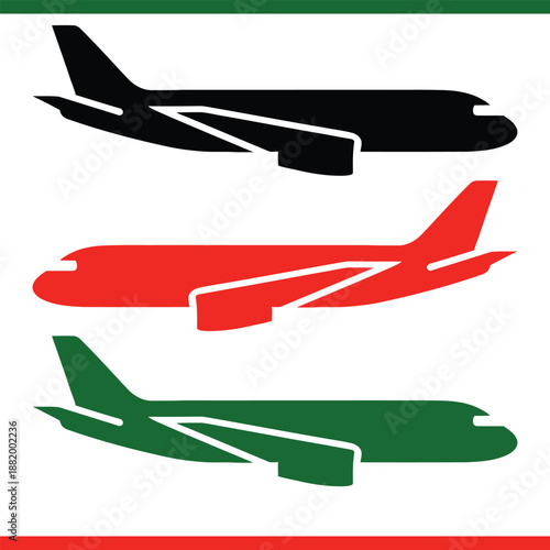 Airplane Silhouette Icon Set in Black Red and Green Flat Design
