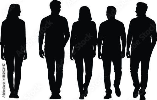 Black silhouette set of 5 casual human figures standing and walking with varied postures and gender representation