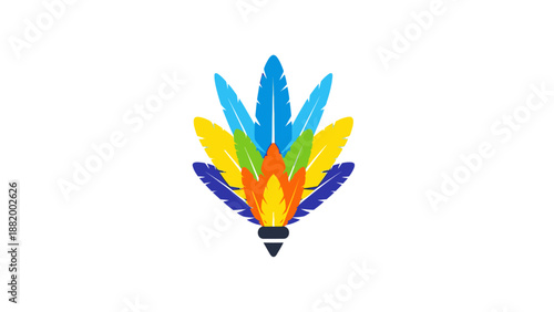 Colorful illustration of a stylized torch with multicolored feathers on a white background.