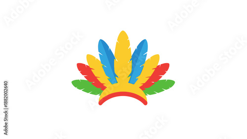 A colorful, stylized feathered headdress with yellow, blue, red, and green feathers against a white background.