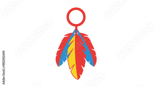 A colorful feather charm with red, yellow, and blue feathers hangs from a red ring against a white background.